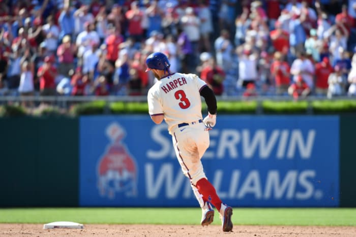 Bryce Harper rounds second base after hitting a home run against the Los Angeles Angels.